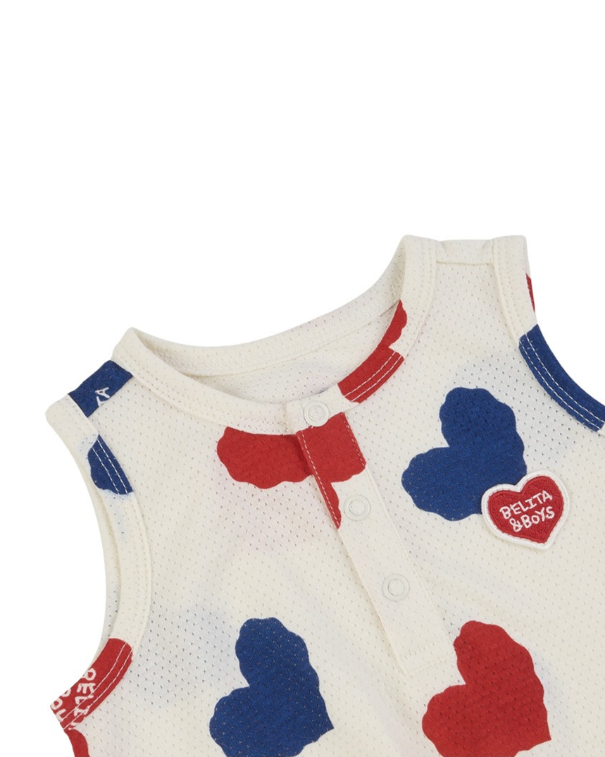 BABY Ivory Red Blue Heart Pattern Mesh Sleeveless Bodysuit