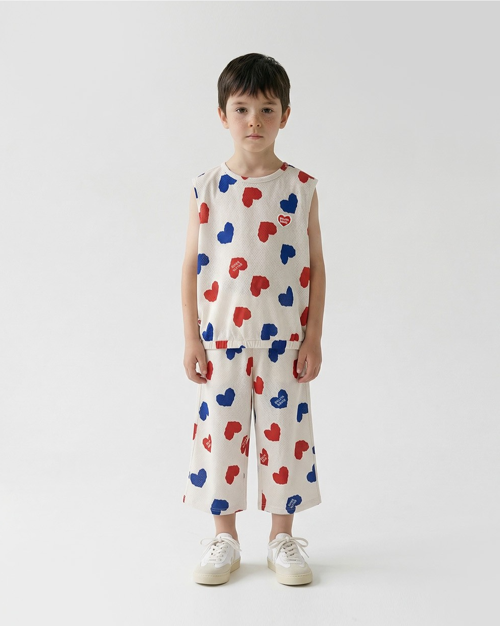 [SET] Ivory Red Blue Heart Pattern Mesh Sleeveless Crop