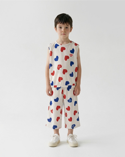 [SET] Ivory Red Blue Heart Pattern Mesh Sleeveless Crop