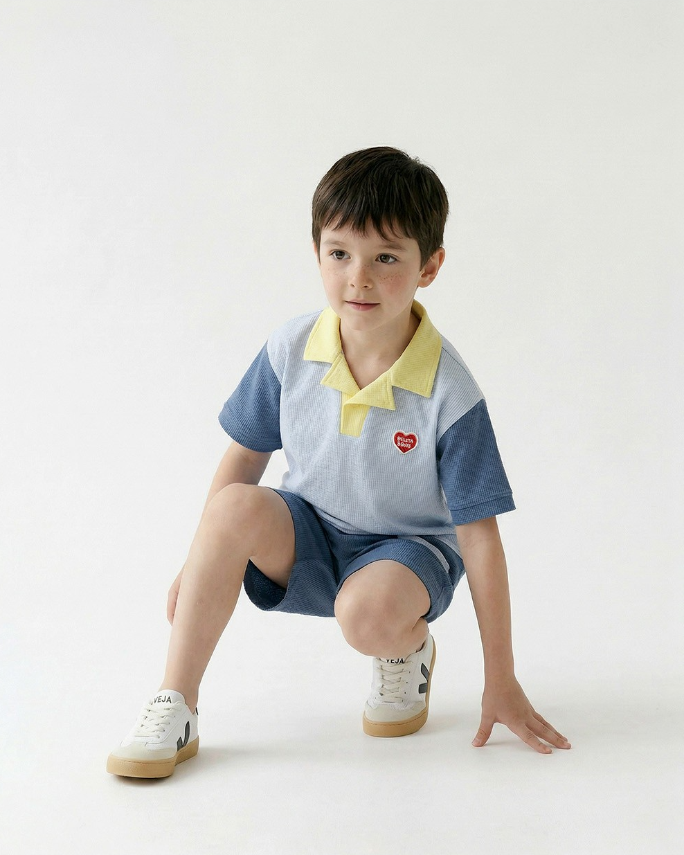 Light Blue BB Heart Color Block Waffle Collar Shirt
