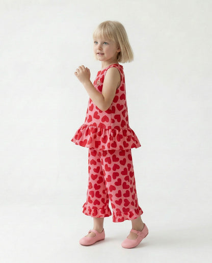 [GIRL SET] Pink BB Heart Pattern Polysucker Blouse & Shorts