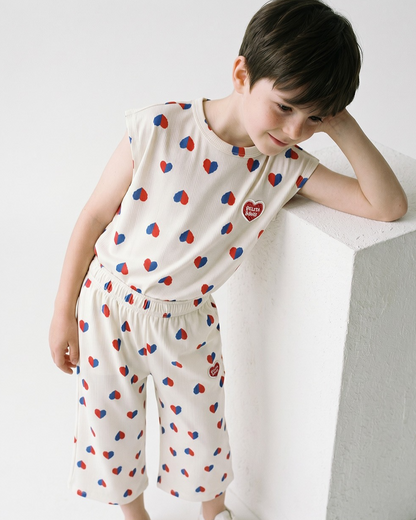 Ivory Red Blue Heart Pattern Short Sleeve