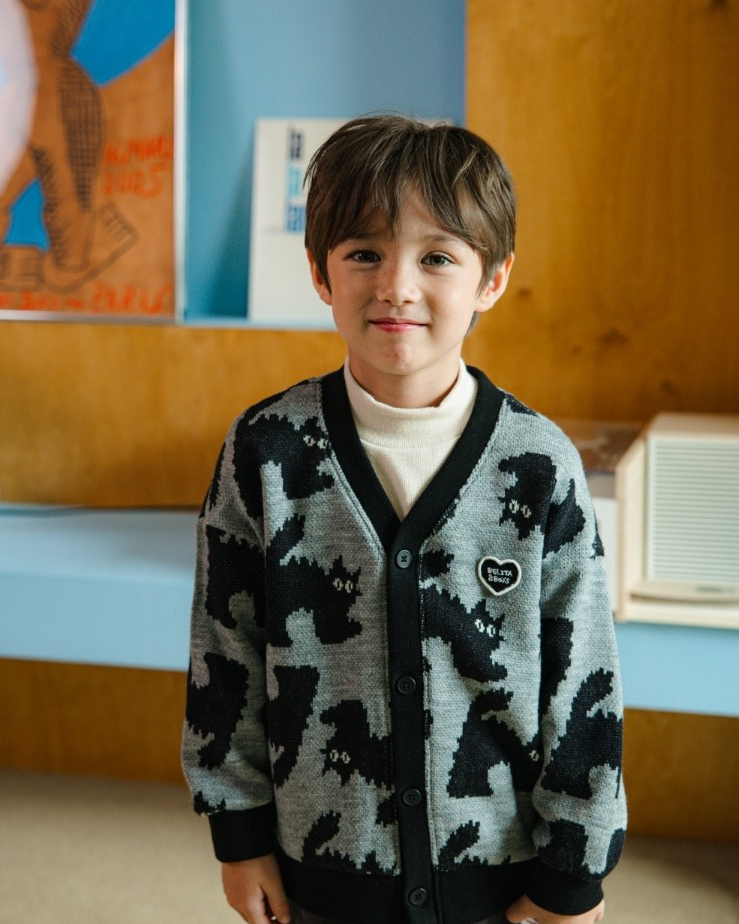 Grey Cat Pattern Knit Cardigan