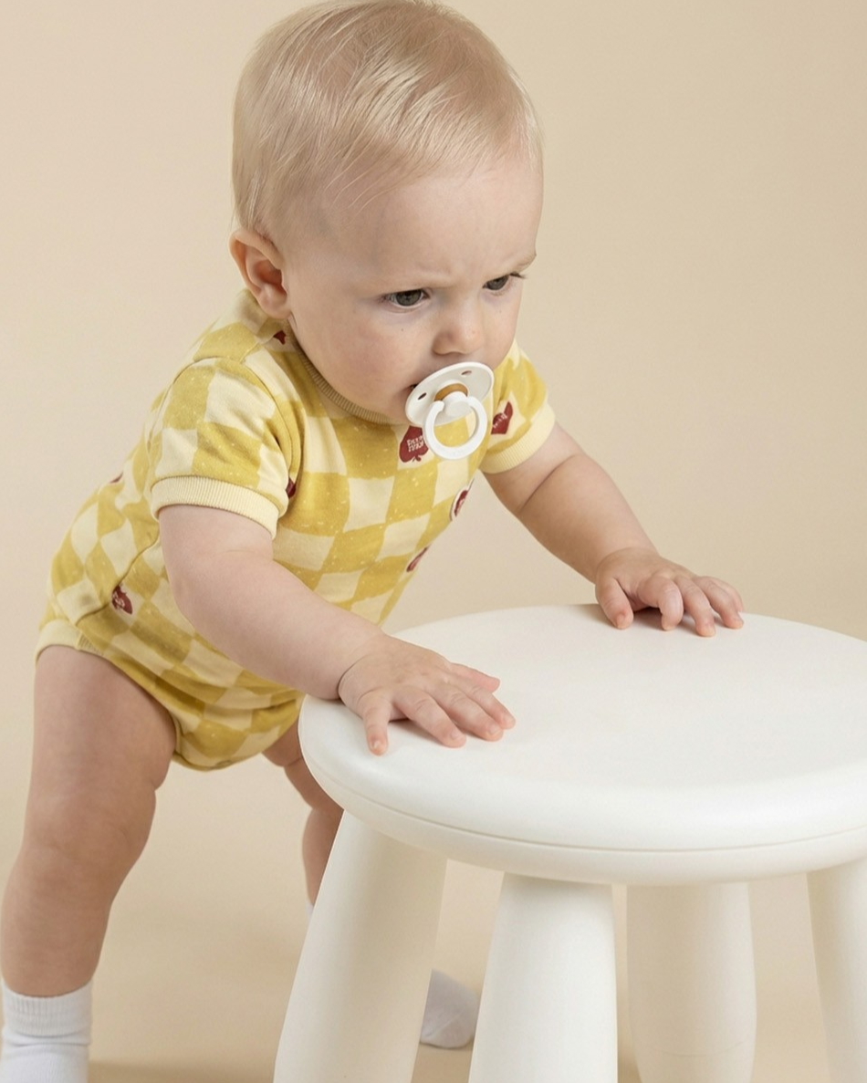 BABY Yellow Bubble Apple Checkerboard Short Jumpsuit