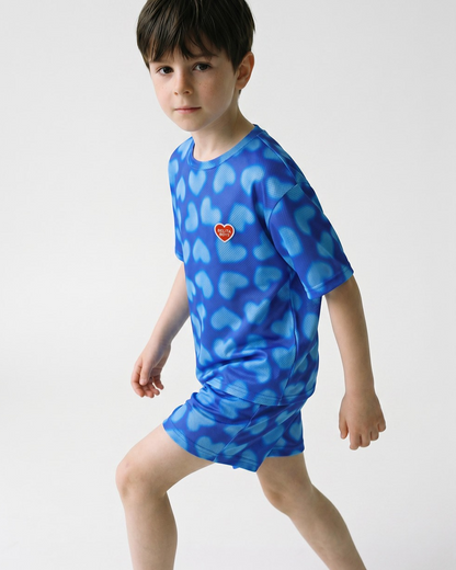 [SET] Blue Water Dye Heart Pattern Mesh Shorts