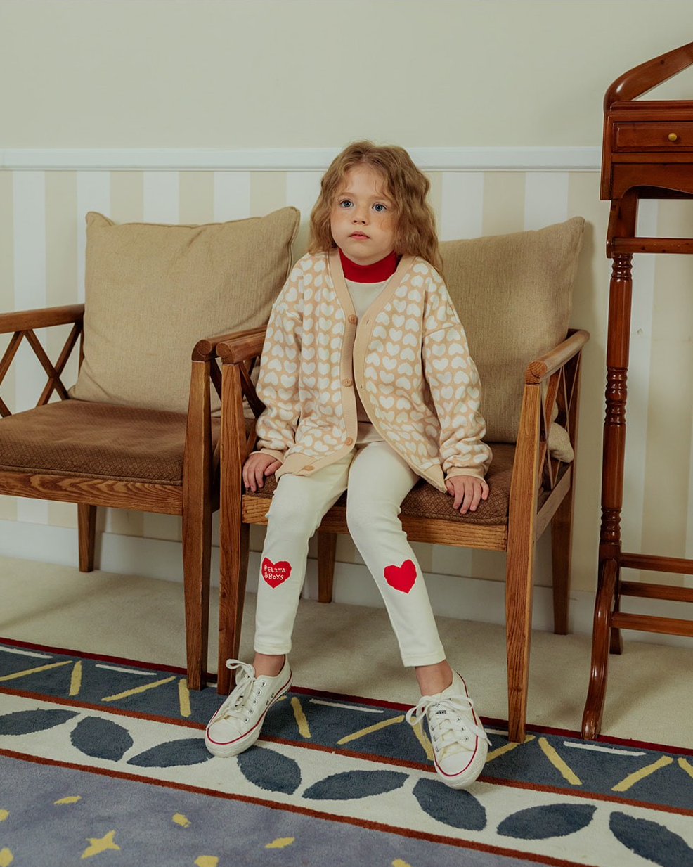 Beige Grid BB Heart Pattern Knit Cardigan