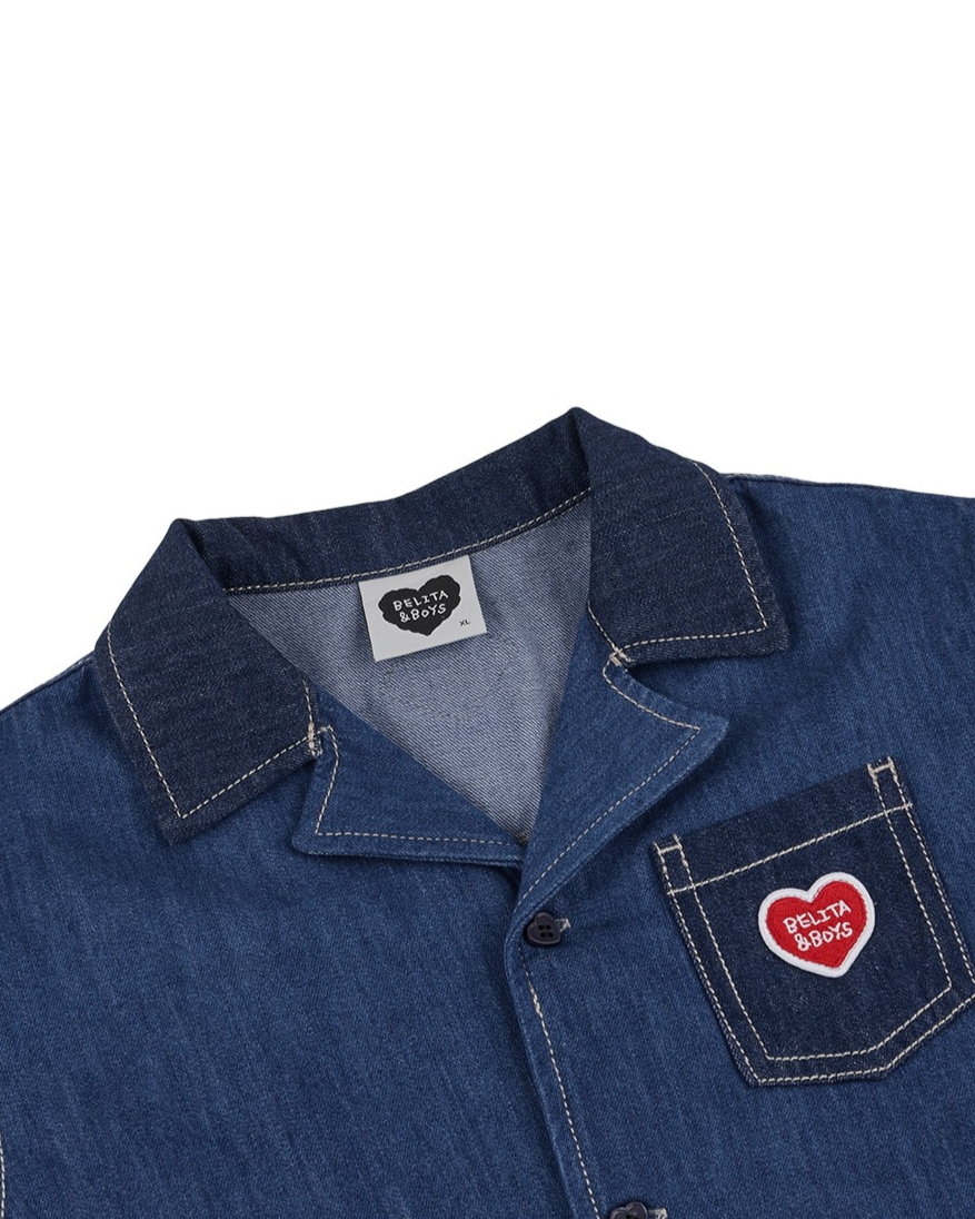 Dark Blue Color Block Denim Short Sleeve Shirt