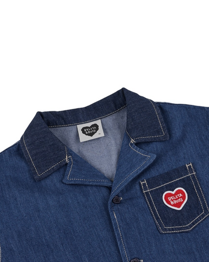 Dark Blue Color Block Denim Short Sleeve Shirt