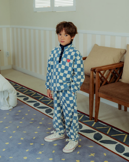 [SET] Light Blue Checkerboard Fleece High Neck Jogger