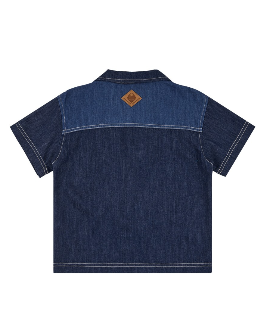 Dark Blue Color Block Denim Short Sleeve Shirt