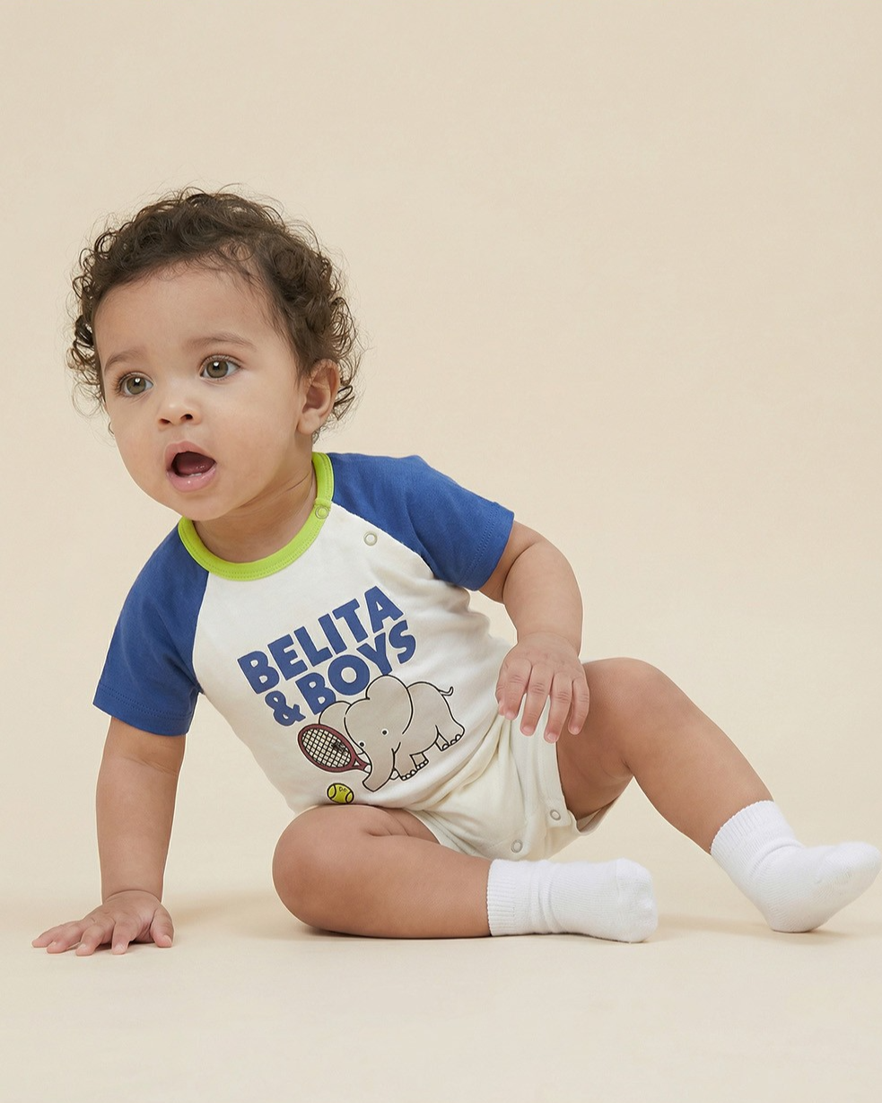 BABY Blue Elephant Color Block Short Jumpsuit