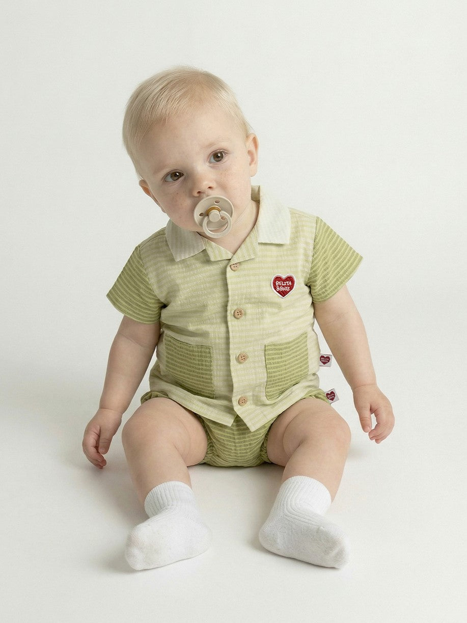 [BABY SET] Green Color Block Polysucker Shirt & Shorts