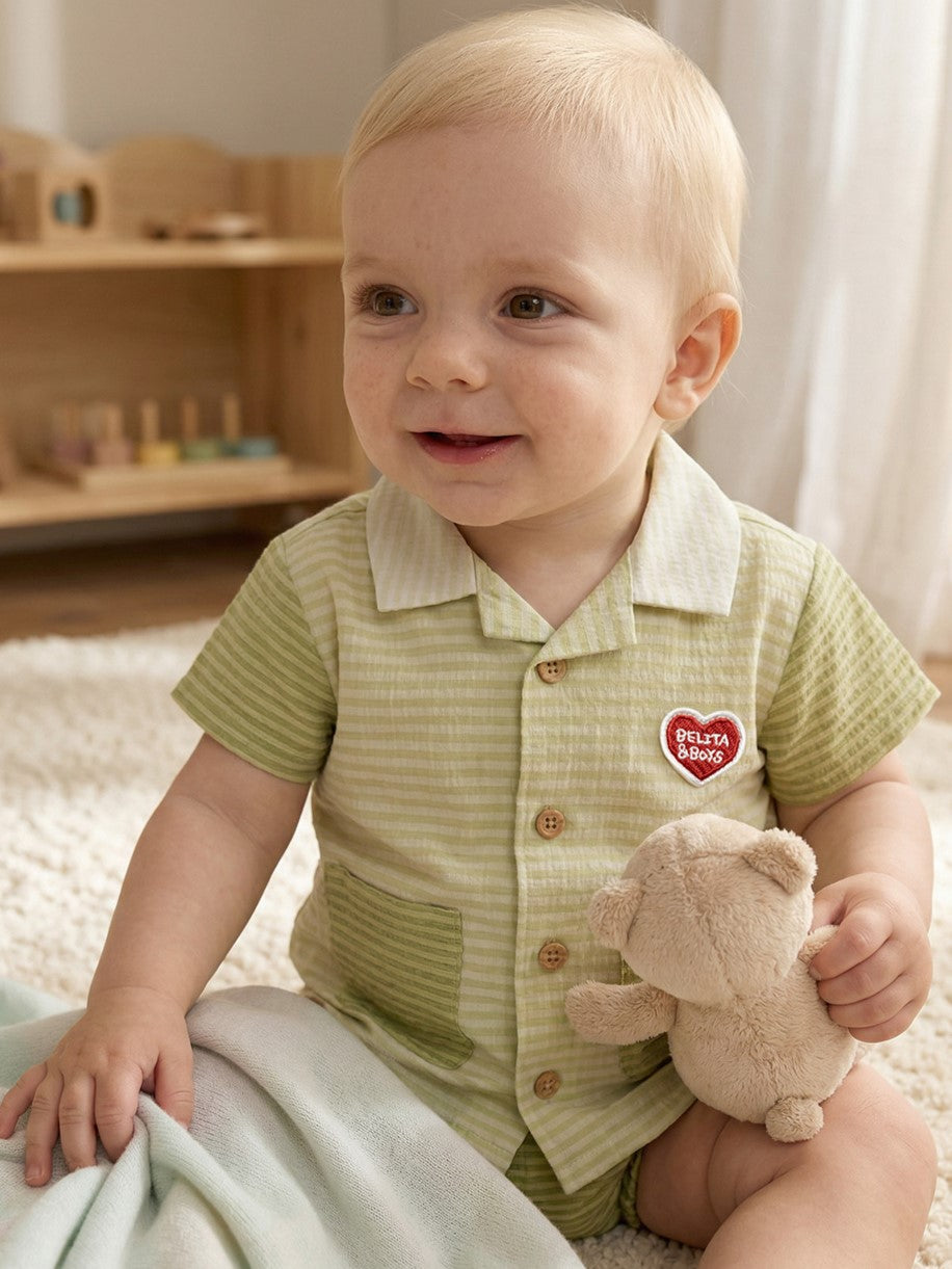 [BABY SET] Green Color Block Polysucker Shirt & Shorts