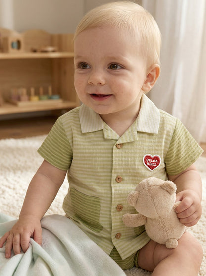 [BABY SET] Green Color Block Polysucker Shirt & Shorts