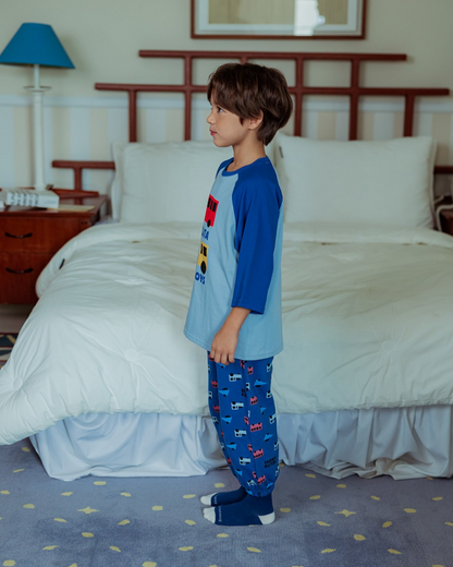 Blue Bus and Truck Color Block Raglan Mid Sleeve