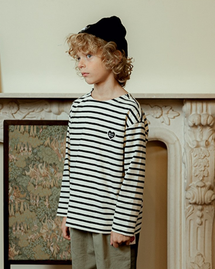 Black Stripe BB Heart Boat Neck Long Sleeve