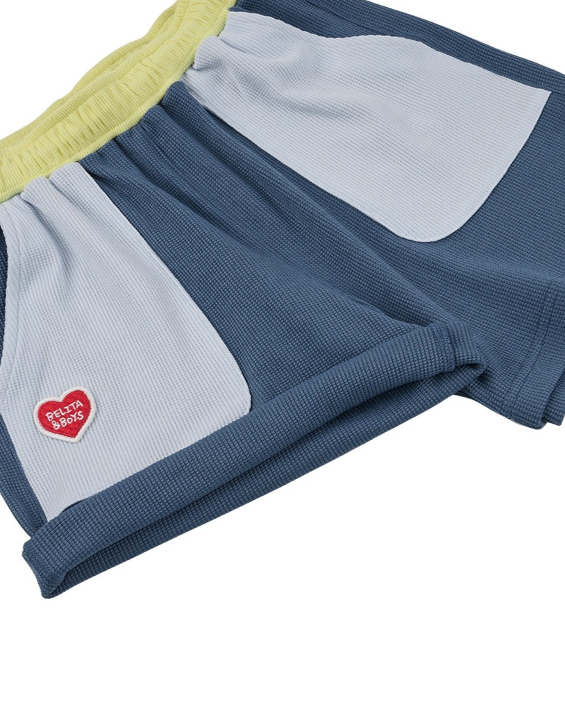 Blue BB Heart Pocket Color Block Waffle Shorts