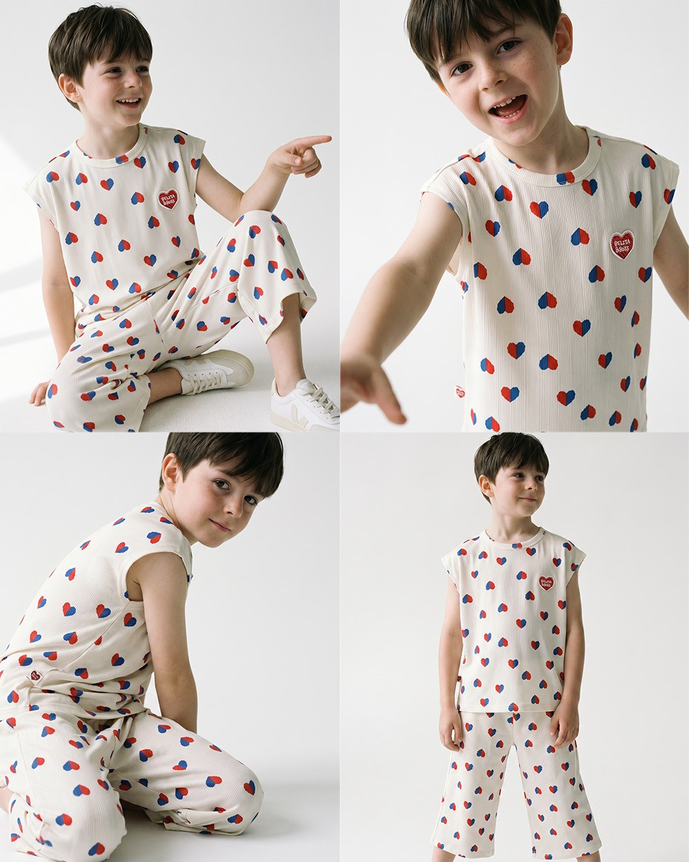 Ivory Red Blue Heart Pattern Short Sleeve