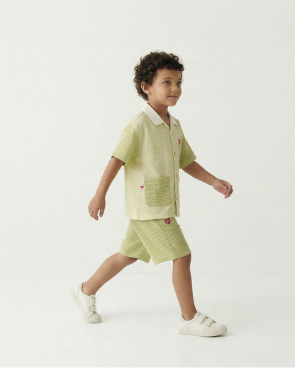 [SET] Green Color Block Polysucker Shirt & Shorts
