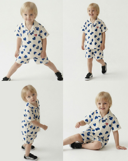 [SET] Blue Heart Pattern Polysucker Shirt & Shorts