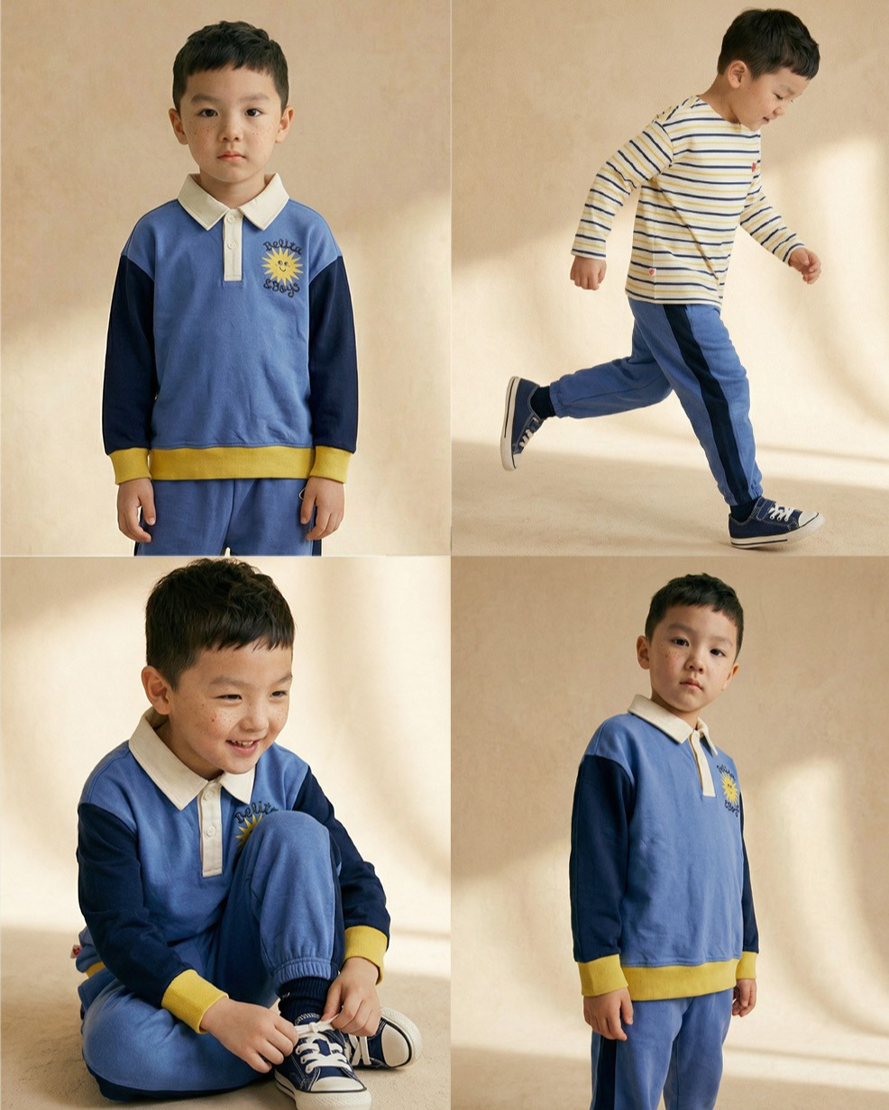 [SET] Mid Blue Sun Color Block Collar Jogger
