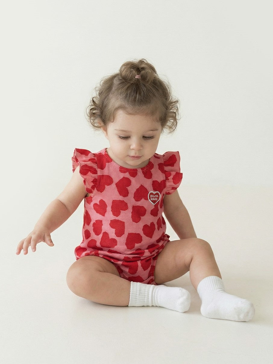 BABY GIRL Pink BB Heart Pattern Polysucker Short Bodysuit