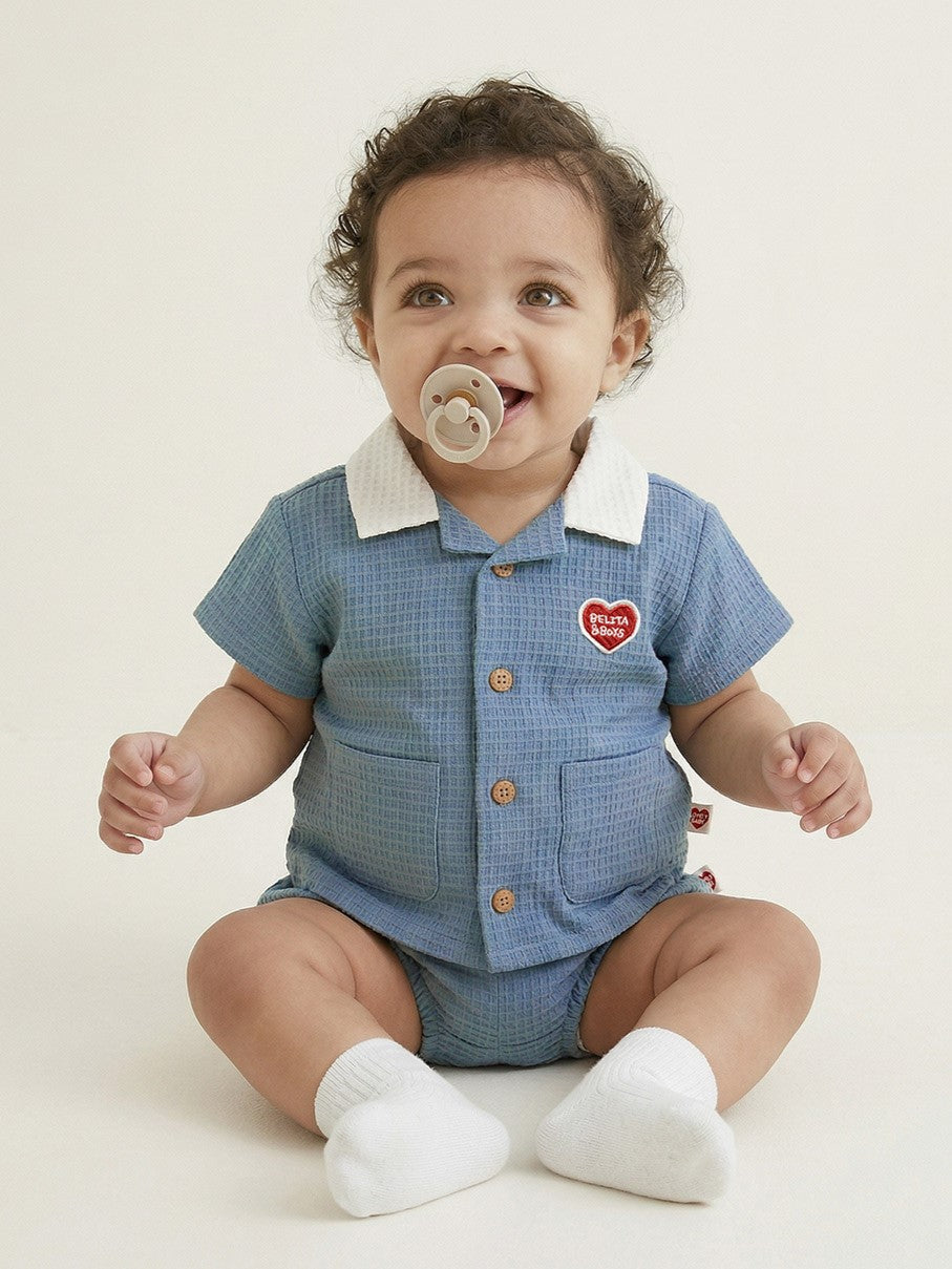 [BABY SET] Light Blue Color Block Polysucker Shirt & Shorts