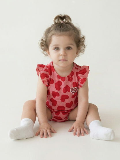 BABY GIRL Pink BB Heart Pattern Polysucker Short Bodysuit