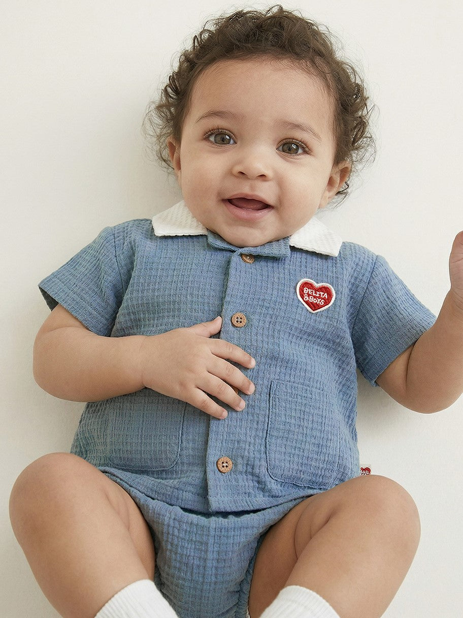 [BABY SET] Light Blue Color Block Polysucker Shirt & Shorts