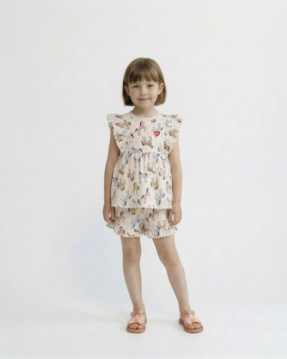 [GIRL SET] Light Pink Horse Pattern Blouse & Shorts