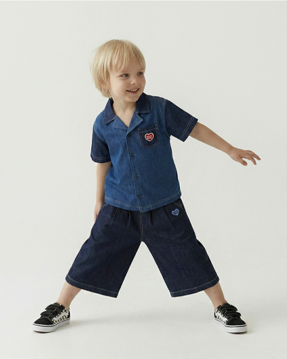 Navy BB Heart Two-Pleat Wide Denim Bermuda Pants