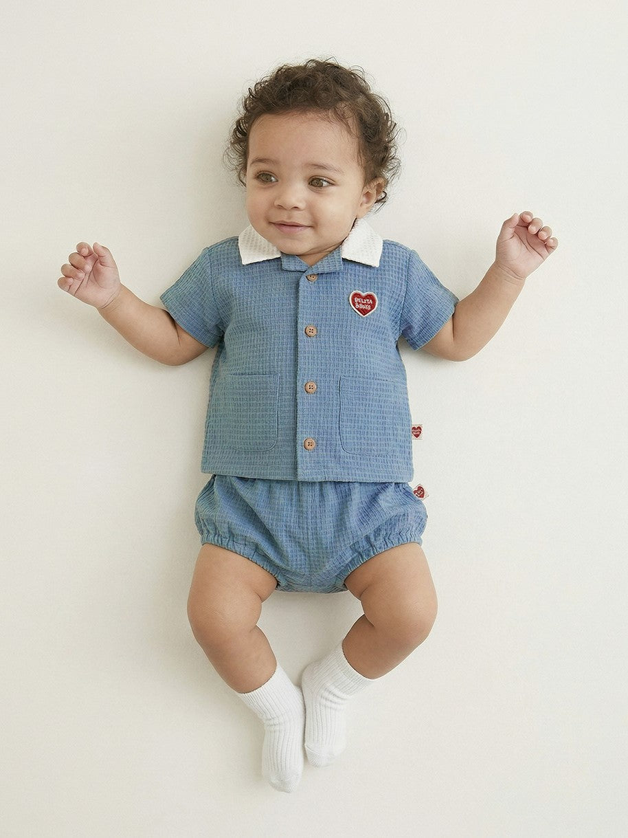 [BABY SET] Light Blue Color Block Polysucker Shirt & Shorts