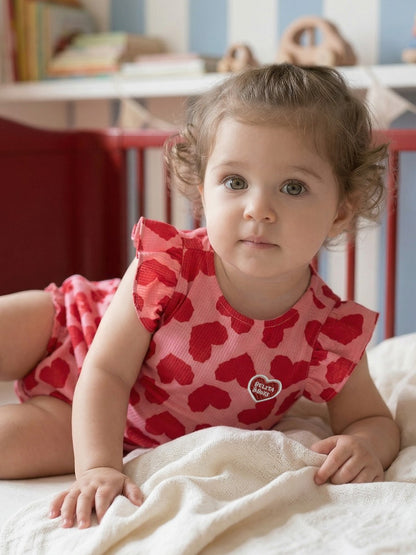 BABY GIRL Pink BB Heart Pattern Polysucker Short Bodysuit
