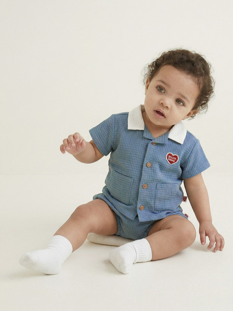 [BABY SET] Light Blue Color Block Polysucker Shirt & Shorts