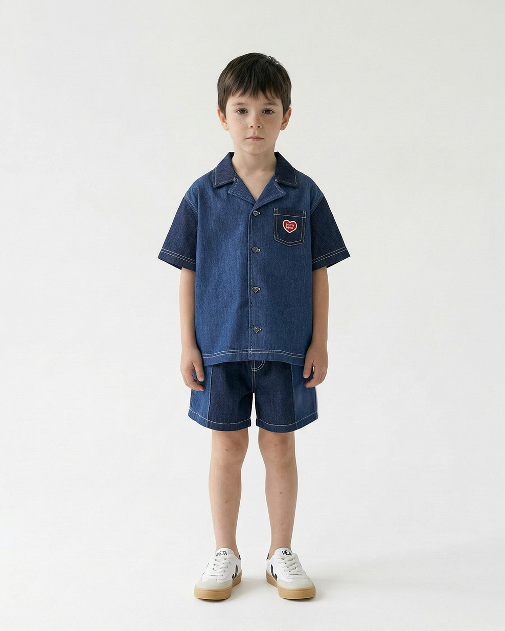 Dark Blue Color Block Denim Short Sleeve Shirt