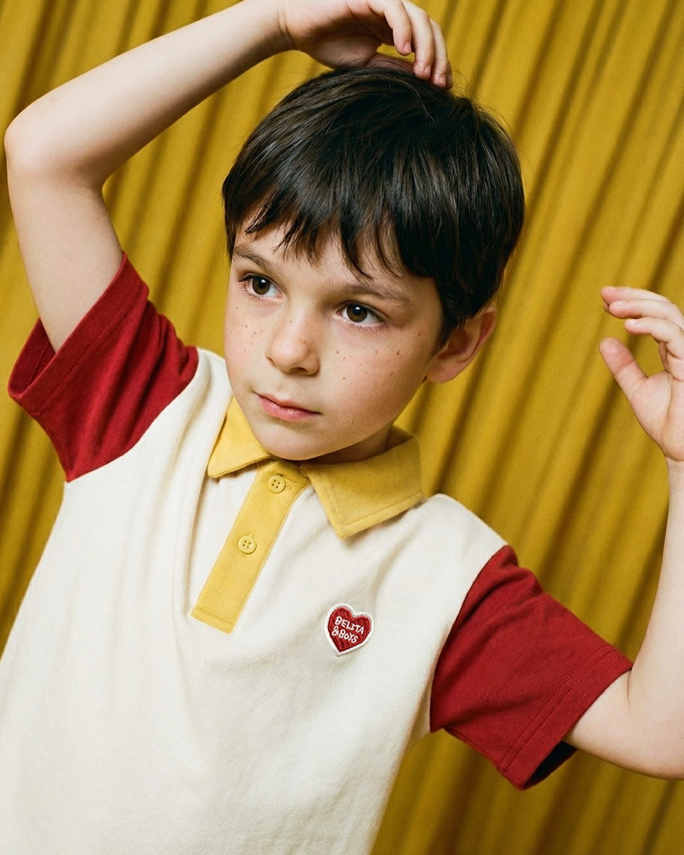 [SET] Cream BB Heart Color Block Collar & Crop