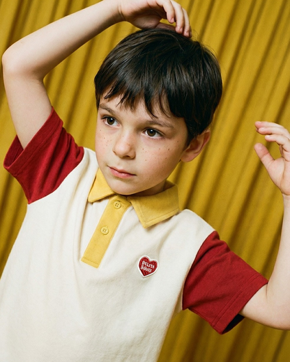 [SET] Cream BB Heart Color Block Collar & Crop