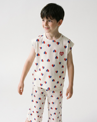 Ivory Red Blue Heart Pattern Crop Pants