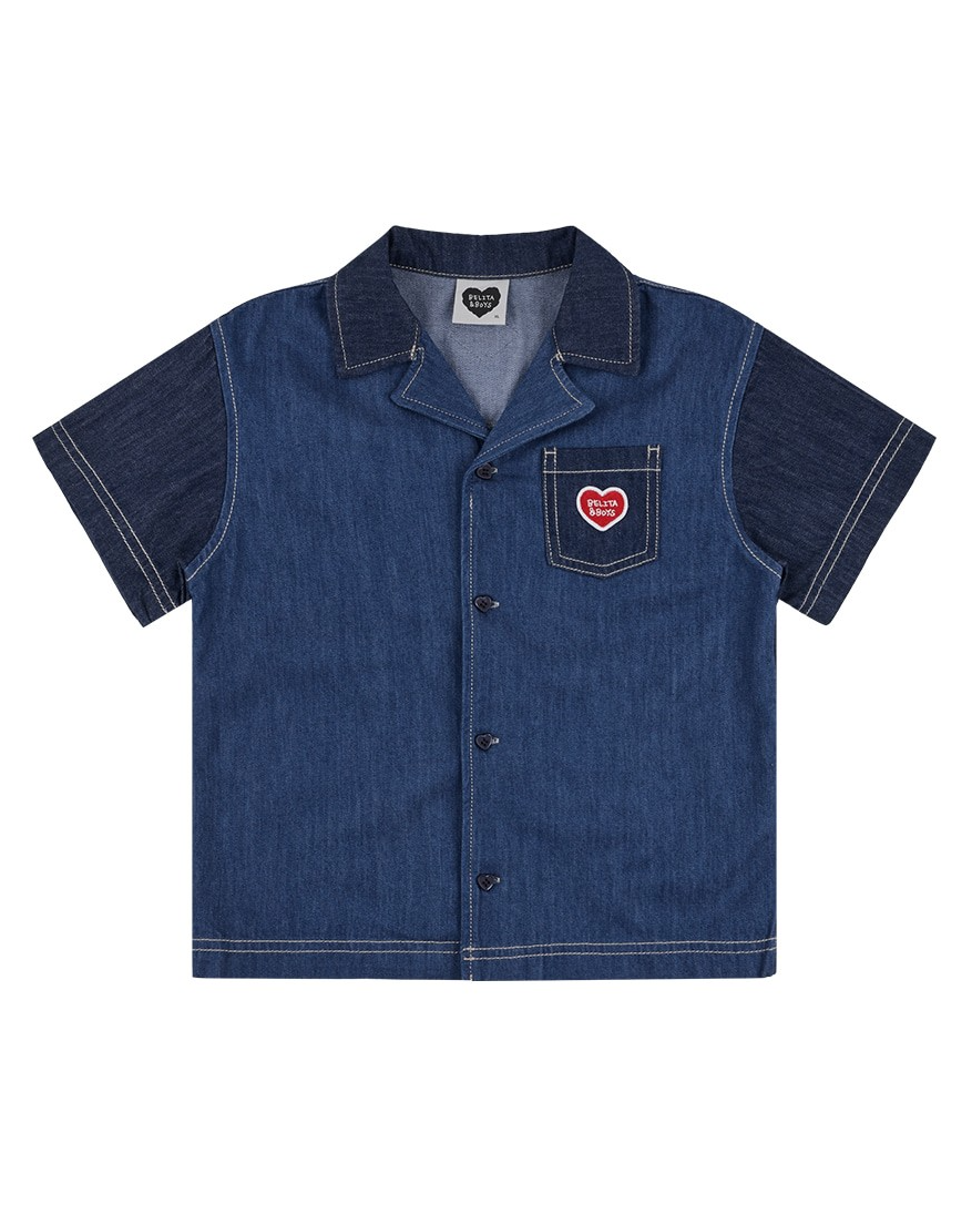 Dark Blue Color Block Denim Short Sleeve Shirt
