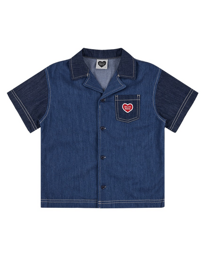 Dark Blue Color Block Denim Short Sleeve Shirt