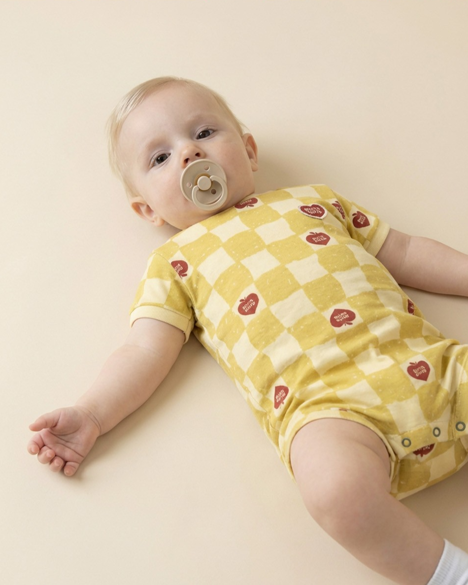 BABY Yellow Bubble Apple Checkerboard Short Jumpsuit