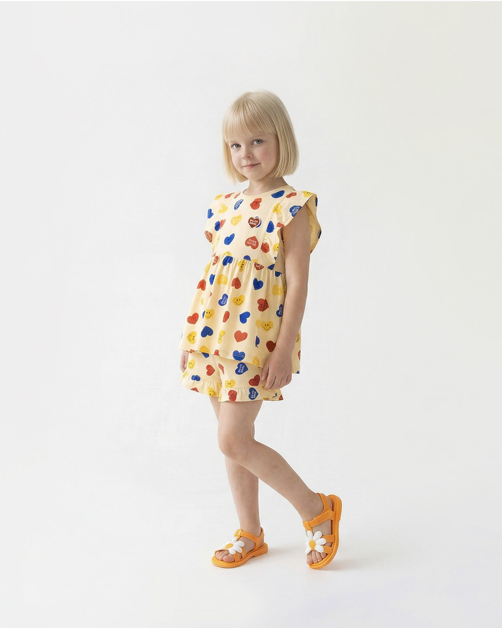[GIRL SET] Light Yellow Smile Heart Pattern Blouse & Shorts