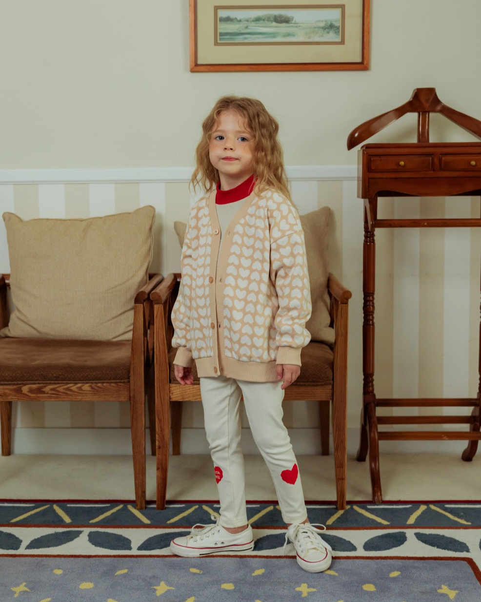 Beige Grid BB Heart Pattern Knit Cardigan