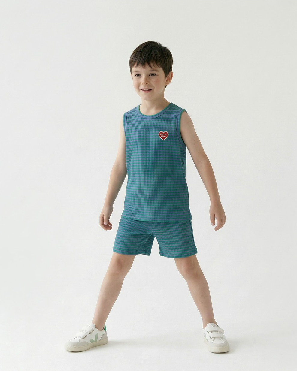 [SET] Green BB Heart Stripe Sleeveless Shorts