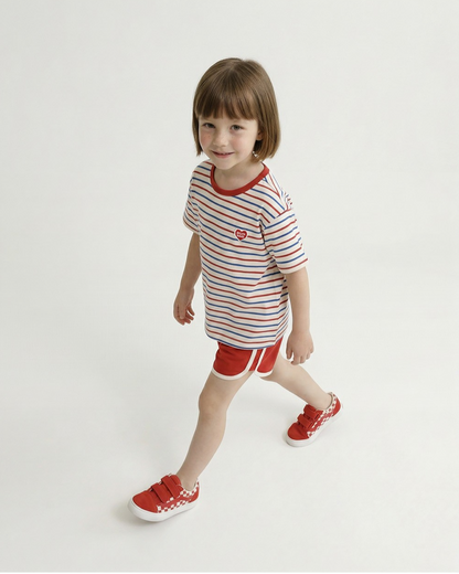 [SET] Red BB Heart Multi Stripe Shorts