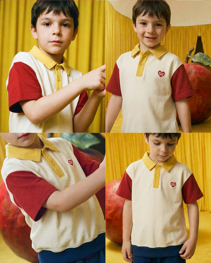 [SET] Cream BB Heart Color Block Collar & Crop
