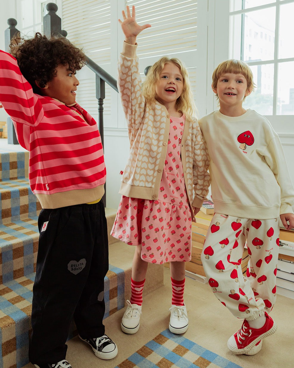 Beige Grid BB Heart Pattern Knit Cardigan