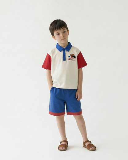 [SET] Cream Cowboy Color Block Collar Shirt & Shorts