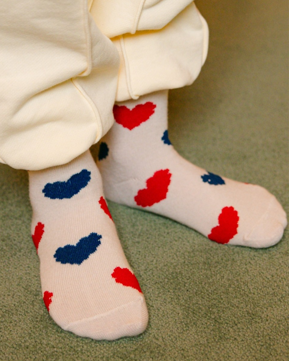 Ivory Red Blue Heart Pattern Socks