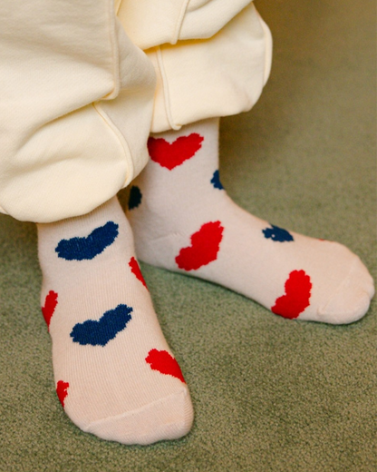 Ivory Red Blue Heart Pattern Socks